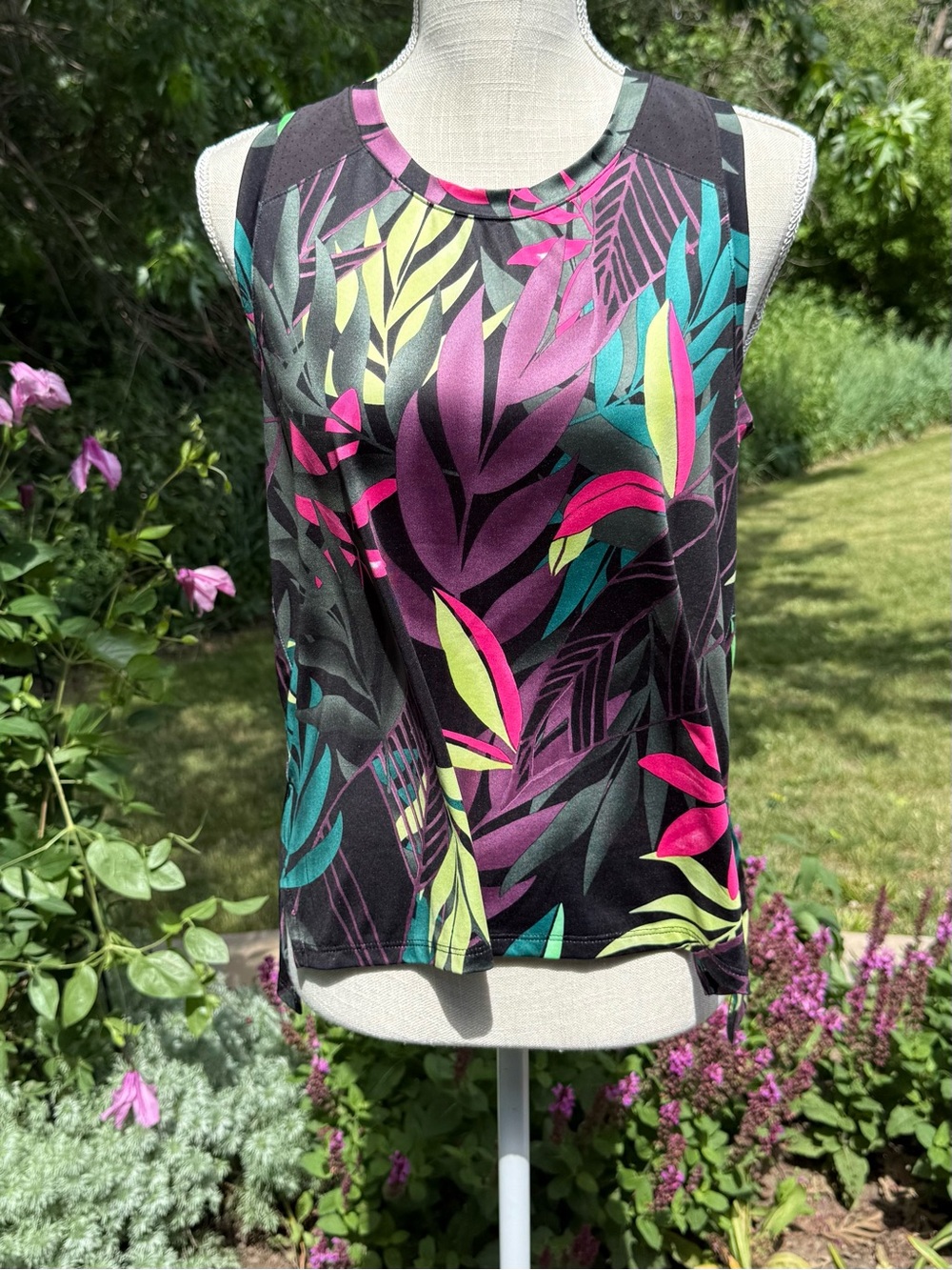 Xersion Tropical Leaf Tank Top - Black with Pink, Teal & Lime Accents